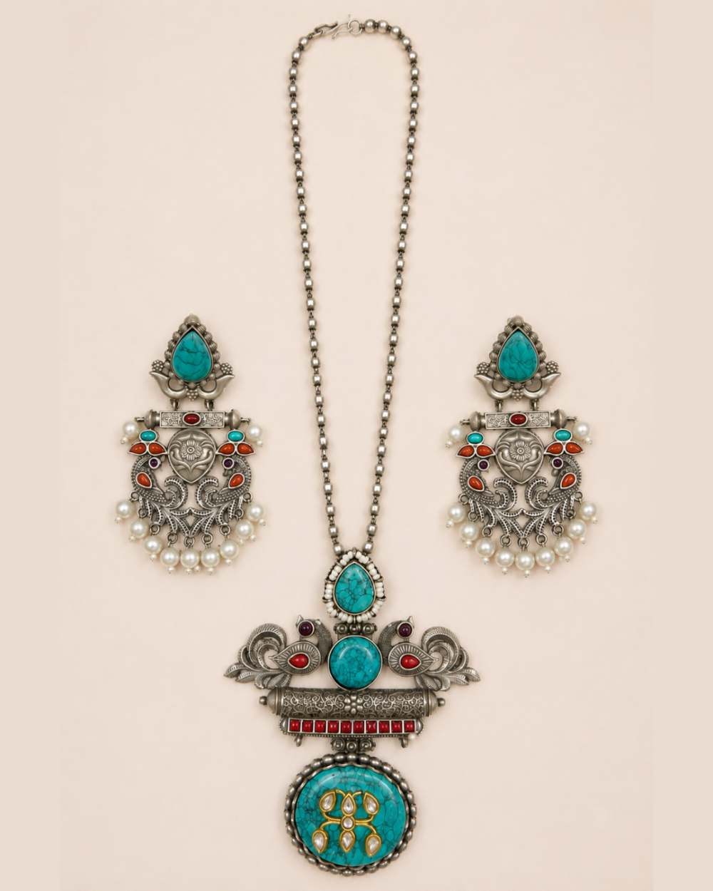 Sukoon handcrafted turquoise and silver neckpiece set with matching earrings