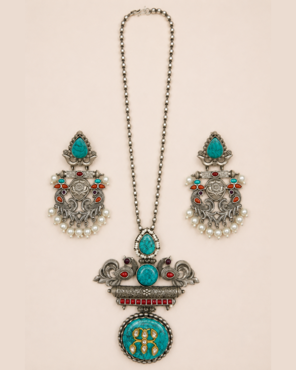 Sukoon handcrafted turquoise and silver neckpiece set with matching earrings