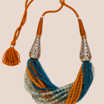 Handcrafted multicolour beaded tassel neckpiece with blue, orange and green beads by House of Evia