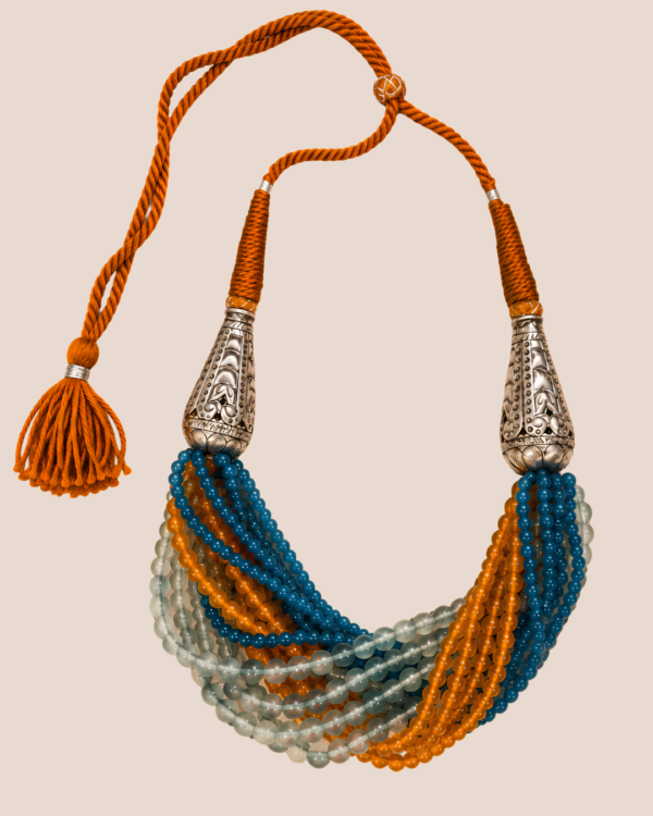 Handcrafted multicolour beaded tassel neckpiece with blue, orange and green beads by House of Evia