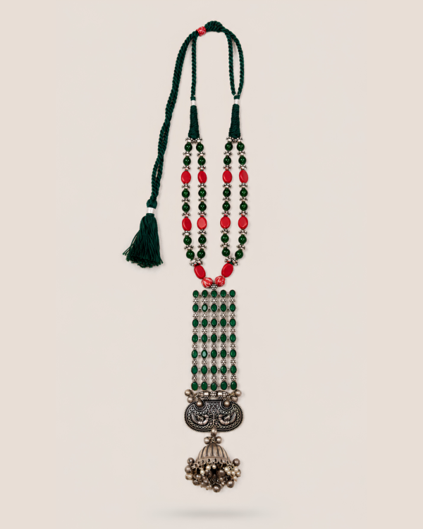 Handcrafted Gulnaar green and red statement neckpiece with brass coated silver detailing and ornate jhumka pendant