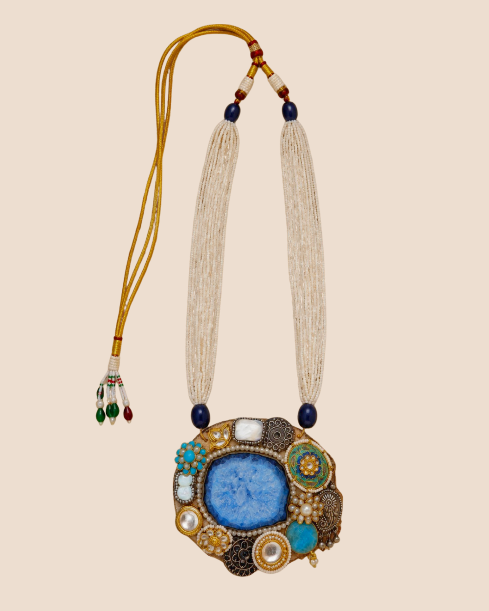 Nishaan handcrafted statement neckpiece with blue stone, pearl beadwork and intricate multicolour detailing