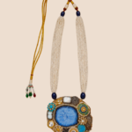 Nishaan handcrafted statement neckpiece with blue stone, pearl beadwork and intricate multicolour detailing