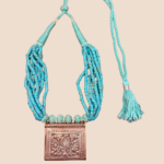 Katha handmade multi-strand turquoise heishi bead necklace with embossed floral box pendant and adjustable tassel dori